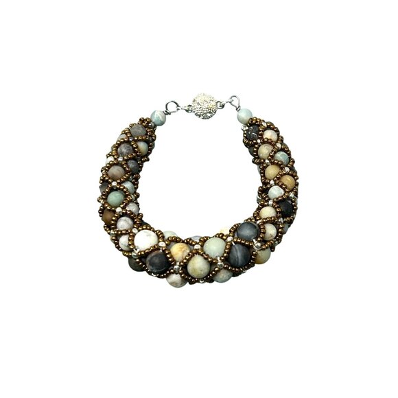 2 Handcrafted Vintage Beaded‎ Bracelets From The 1990s In Blue & Earth Tones - Picture 4 of 10